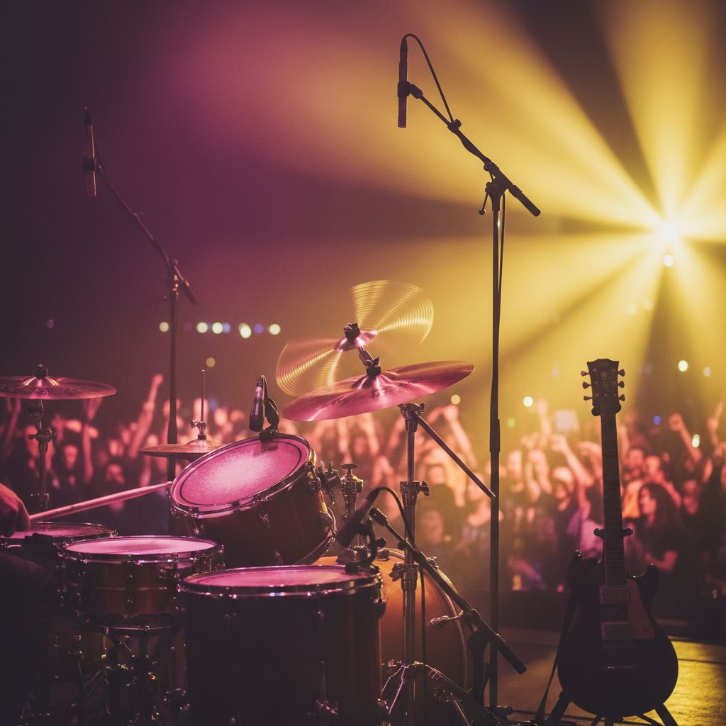 A high-energy concert photography scene focusing entirely on the gear and environment: a drum kit mid-hit with a cymbal captured in motion blur, a microphone stand angled toward the crowd, and a guitar on a stand silhouetted against blinding stage lights. The audience is represented only as a sea of soft, abstract shapes and raised arms, out of focus, forming a vibrant bokeh of colors and movement. Intense backlighting from golden and magenta spotlights creates powerful rim light around the hardware and stands, with light beams cutting through atmospheric haze. Shot from slightly behind the drum riser, low angle, giving a bold, cinematic sense of crowd energy and live rock power without depicting any people directly.