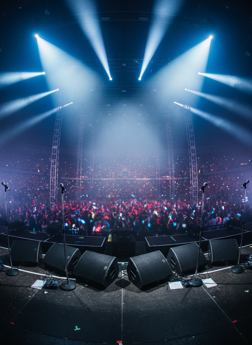 A dynamic crowd-energy concept shot from the stage, built entirely from abstract, non-human elements: a forest of microphone stands, light stands, and speaker stands pointing toward a dark, out-of-focus mass of color and motion, suggesting a packed venue. Beams of white and electric blue light slice across the frame from overhead rigs, catching swirling haze and forming visible light rays. A row of wedge monitors lines the front edge, their surfaces scuffed and angled toward the implied performers. Photographic realism with a wide-angle lens, the mood is bold, exhilarating, and immersive, placing the viewer in the band’s perspective without depicting any individual people.