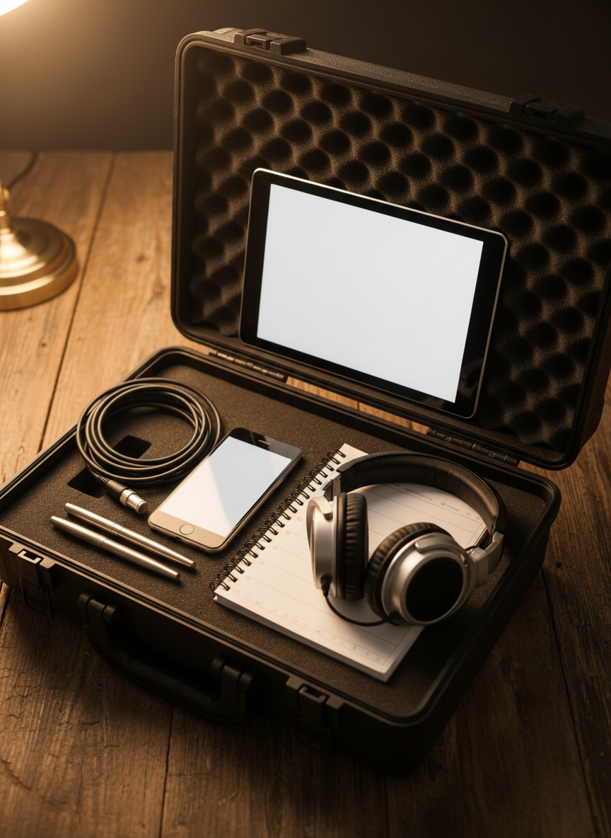 A sleek booking and contact concept image for a rock band’s website: a rugged black road case opened on a wooden table, revealing a neatly arranged tablet, a smartphone, and a spiral-bound planner, all blank of any readable text. Beside them lie metallic pens, a coiled XLR cable, and a pair of over-ear studio headphones with brushed metal accents. Warm desk lamp lighting pools over the devices, creating soft reflections on the screens and rich shadows around the case’s edges. Shot from a slightly elevated angle with sharp focus, the mood is professional yet edgy, suggesting efficient booking and communication for events while staying rooted in the bold, rock-band aesthetic.