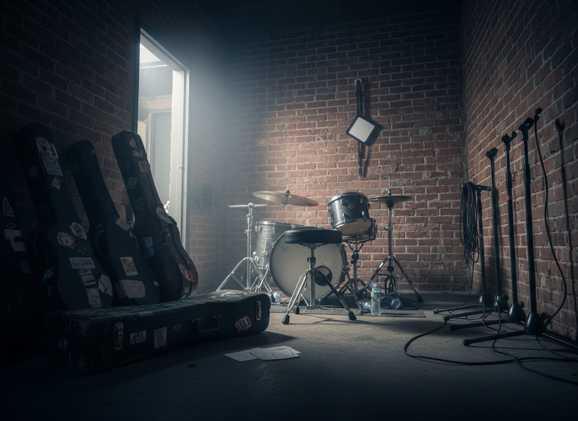 A moody backstage vignette showing the aftermath of a powerful ’90s rock set: guitar cases leaning against a brick wall, a drum throne left in front of a quiet kit, and a line of mic stands resting in a corner. A single laminated pass hangs from a hook, its surface left deliberately blank. Overhead industrial lighting spills in from a doorway, creating a strong diagonal of light that cuts through gentle haze and emphasizes worn textures on the cases and floor. Photographic realism with a cinematic, low-angle composition, the atmosphere feels bold and gritty, capturing the lingering energy of a rock show and the band’s hard-working personality.