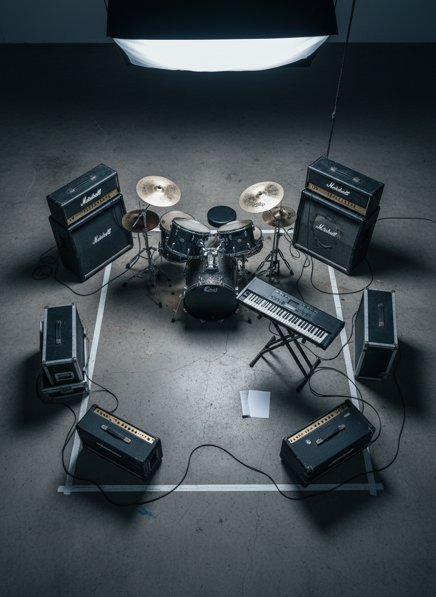An overhead photographic view of a rehearsal space styled for a ’90s rock cover band, showing a tight circle of equipment: a drum kit ringed by cymbals, two angled guitar amps, a bass amp, and a keyboard on an X-stand. On the concrete floor, gaffer tape outlines an imaginary stage, with a central empty space implying where performers would stand. A crumpled setlist is replaced by a blank, slightly curled sheet of paper, hinting at planning and booking. Cool, diffused studio lighting from above casts soft, even shadows, emphasizing textures of worn cases and cables. The composition is balanced and graphic, with a bold, energetic mood and photographic realism.