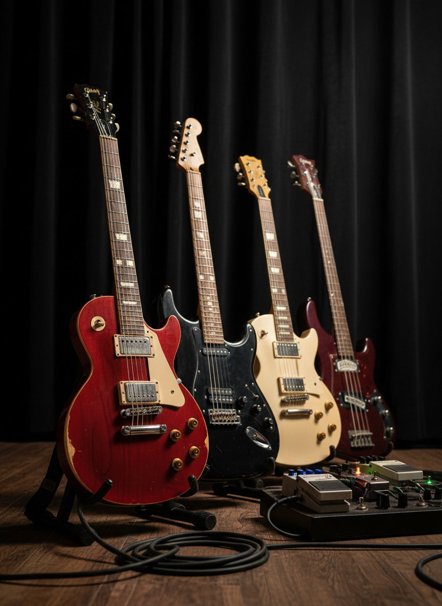 A close-up photographic portrait of a rock band’s gear lineup instead of people: four distinct electric guitars and a bass propped on stands in front of a textured black curtain, each with unique finishes—cherry red, matte black, metallic blue, and vintage cream—showing subtle wear on the pickguards. Coiled cables snake across a scuffed wooden stage floor, leading to rugged pedalboards glowing faintly. Moody, directional side lighting carves sharp highlights along the guitar bodies and chrome tuning pegs, leaving the backdrop in soft shadow. Shot at eye level with shallow depth of field so the foremost guitar is razor sharp and the others fade into creamy bokeh, creating a bold, iconic band-portrait vibe without showing any humans.