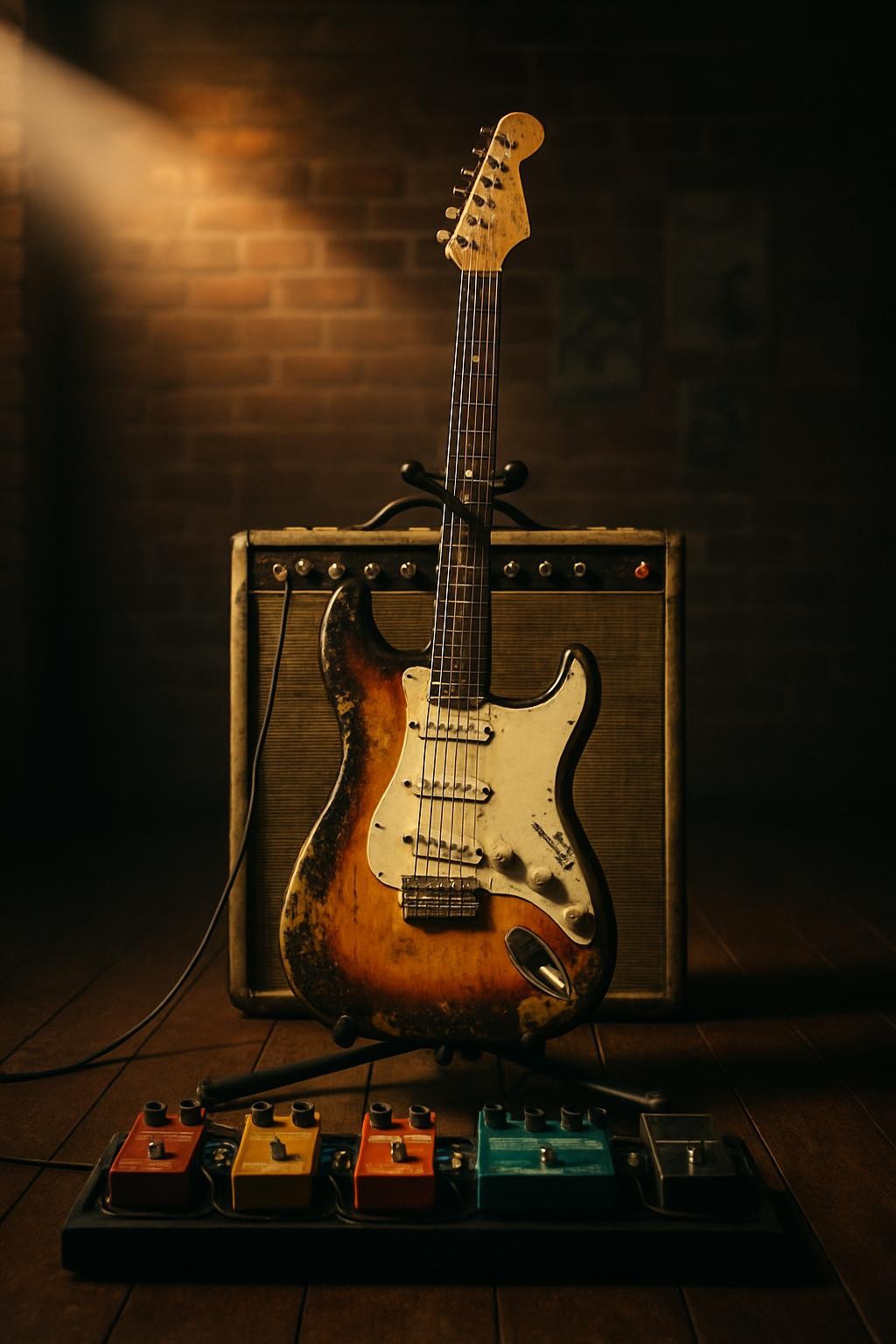 A stylized equipment-portrait image for a rock band’s about page: a single, well-worn electric guitar with visible nicks and sticker remnants resting against a vintage tube amp, surrounded by an array of colorful pedals on a pedalboard. The setup sits center stage on a dark wooden floor, backed by a softly lit brick wall with subtle posters blurred beyond recognition. Warm, angled spotlighting from the upper left throws a dramatic shadow of the guitar and stand across the floor, enhancing the bold, nostalgic ’90s rock vibe. Shot straight-on at guitar height with shallow depth of field, the composition feels iconic and personal, conveying the band’s character through their gear instead of faces.